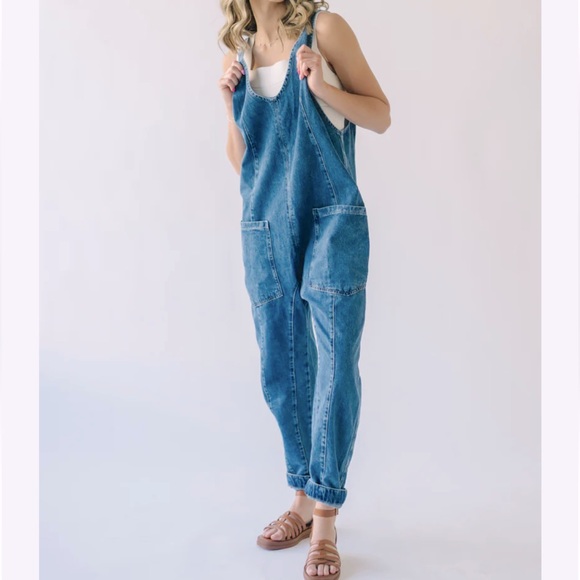 17 Fabulous Acid washed denim deep front v neck overall - Picture 2 of 5